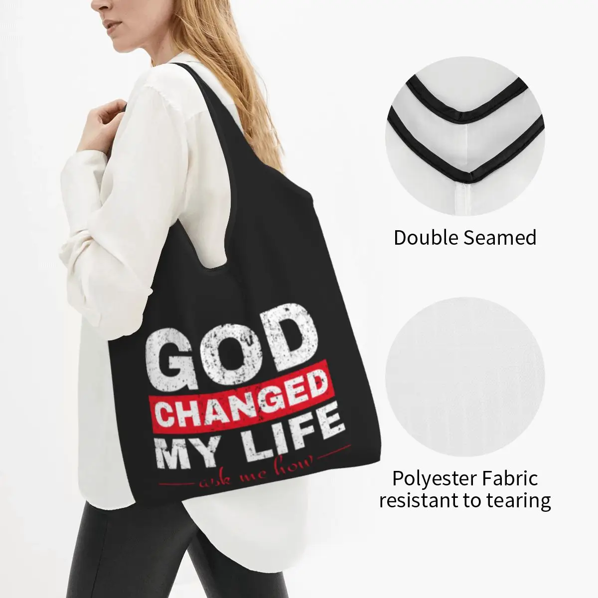 Custom Jesus God Changed My Life Asked Me How Shopping Bag Women Portable Large Capacity Grocery Tote Shopper Bags