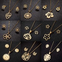 Set Jewelry Stainless Steel Woman Boho Vintage Monstera Leaves Flower Plant Diy Pendant Charms Earrings And Necklace  Set