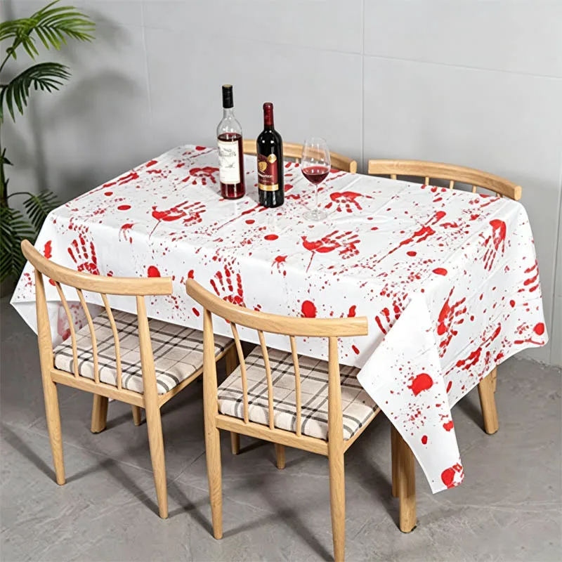 Blood Splatter Handprint Halloween Tablecloth Disposable Plastic Waterproof Oil Proof Cover for Holiday Party Decorations