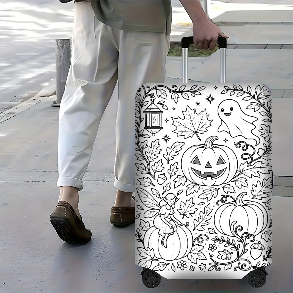 1PC Halloween themed Luggage Cover with Ghost and Pumpkin Print, Manual Doodle Color. Fits luggage sizes 18 – 32 inches; durable