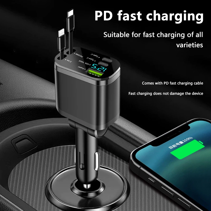 

Car Charger Car Super Fast Charge Flash Charging, Telescopic Cable 4 In 1 Car Charger 2 USB Ports Adapter Compatible
