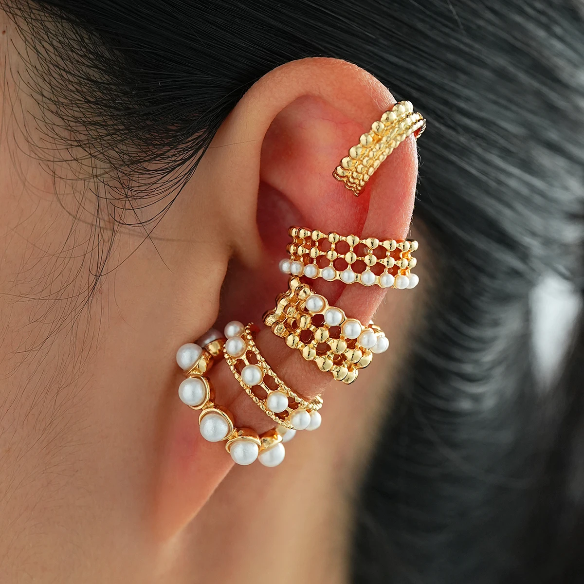 5pcs Vintage Pearl Ear Clip Earring Set for Women Classic Gold Color C-Shape Earcuff Earring Simple Daily Wear Jewelry Gifts