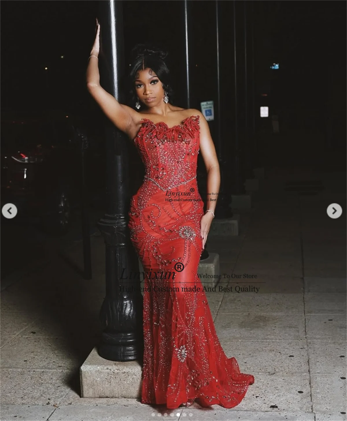 Aso Ebi Stil Strass Ballkleider Luxus Perlen Perlen Abendkleider Meerjungfrau Maßgeschneiderte Abnehmbare Schleppe Hochzeitskleid