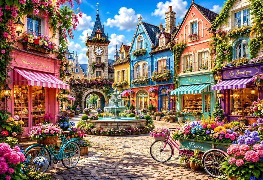 500/1000/1200/2000PCS Jigsaw Puzzle Colorful European Village Fountain Clock Tower Blooming Flowers Bicycles Home Wall Dec Gift