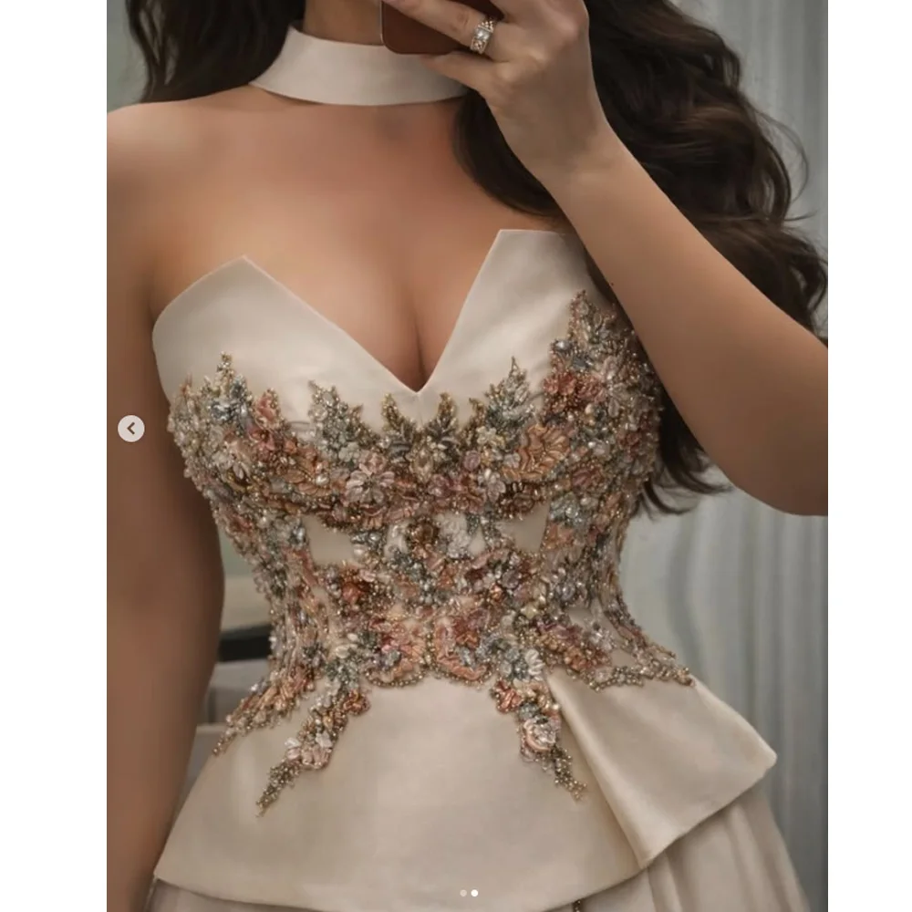 

Customized Two Pieces Elegant Evening Dresses Embroidery Beaded Prom Dress Strapless Luxury Party Gown Gala Vestidos