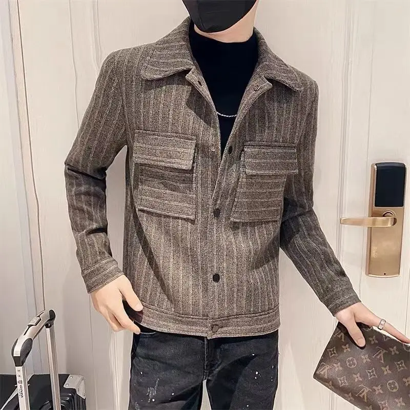 Men Lapel Collar Striped Jacket Button Up Short Coat Multi Pocket Casual Outerwear For Men