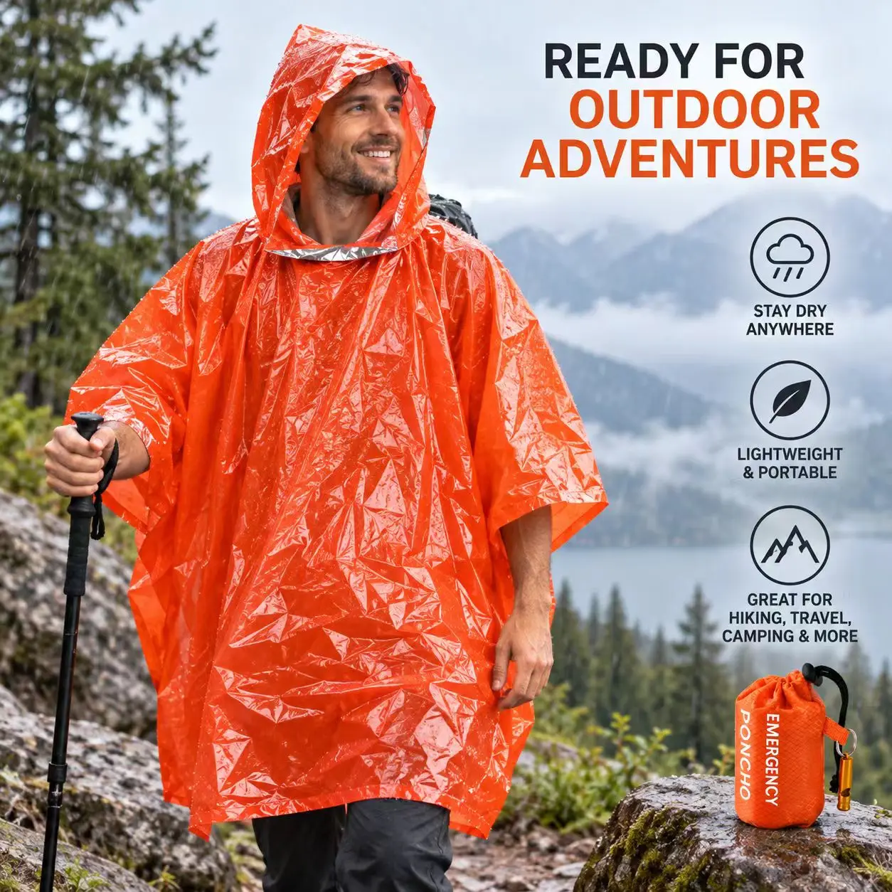 1Pc Lightweight Waterproof Raincoat, Portable Emergency Poncho Built-in Safety Whistle, Outdoor Camping Hiking Travel Gear