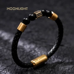 Classic Special Style Genuine Braided Leather Bracelet for Man Black White Natural Stone Beaded Bracelet Fashion Accessories