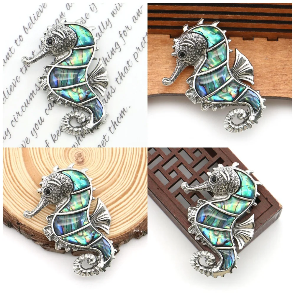 Abalone Shell Polished Edged Copper-plated Seahorse-shaped Niche Shell Brooch DIY Fashion Personality Necklace Jewelry Gift
