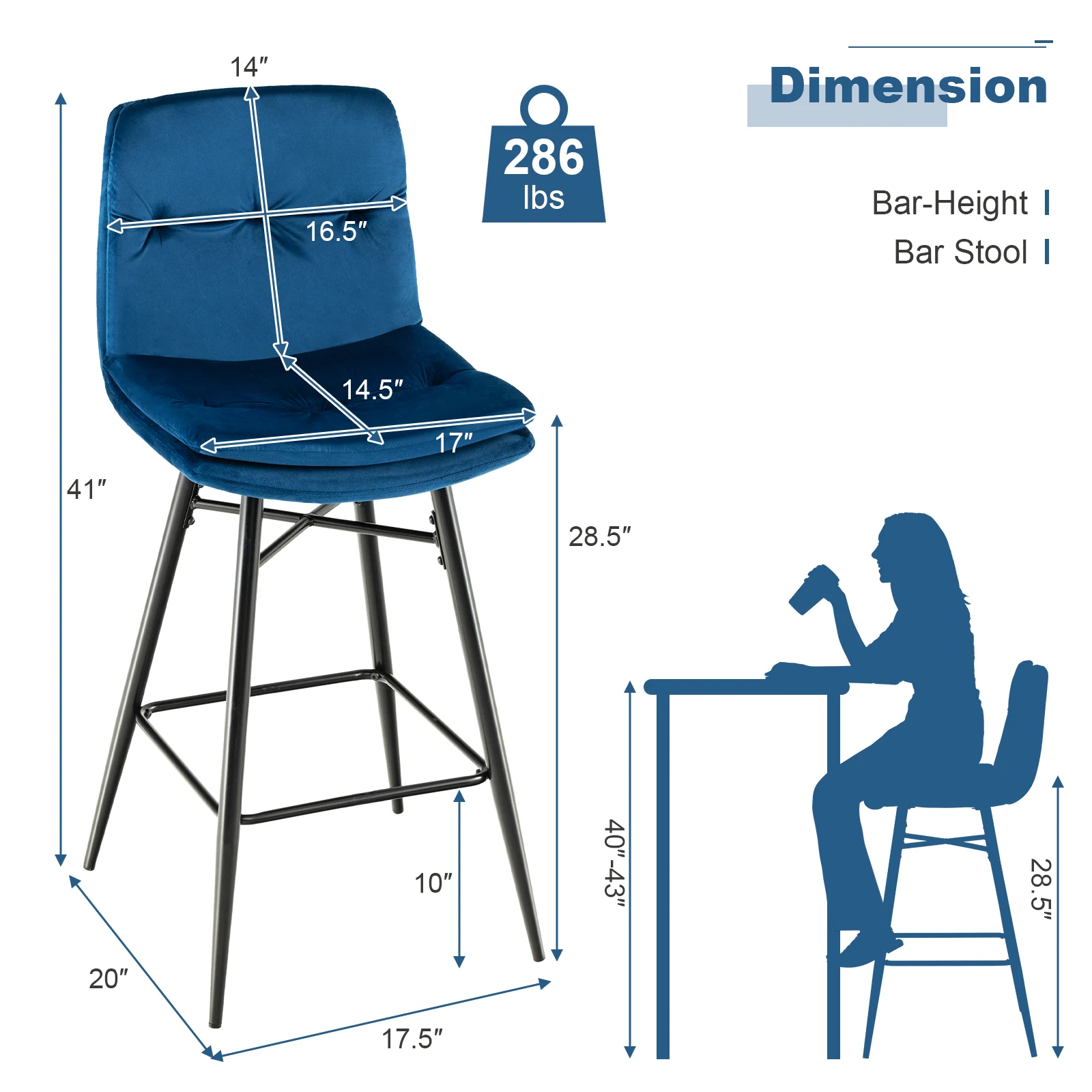 Set of 4 Velvet Bar Stools Bar Height Kitchen Dining Chairs w/ Metal Legs Blue