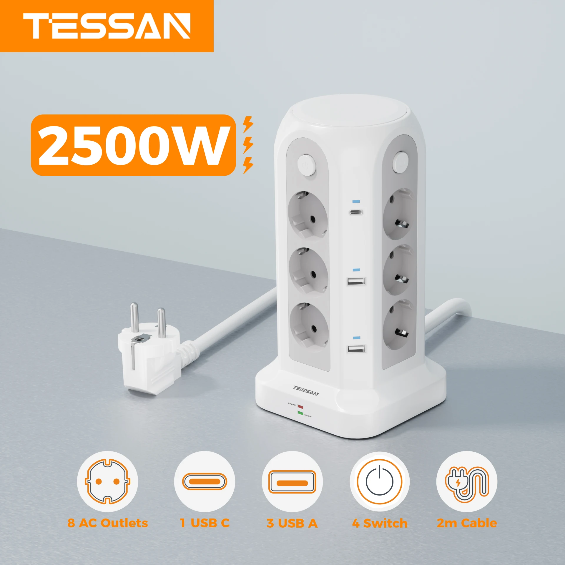 Listwa zasilająca TESSAN z 12 gniazdami, 4 oddzielnymi włącznikami, wielogniazdkowa listwa zasilająca z USB-C, przedłużacz 2m, adapter wtyczki