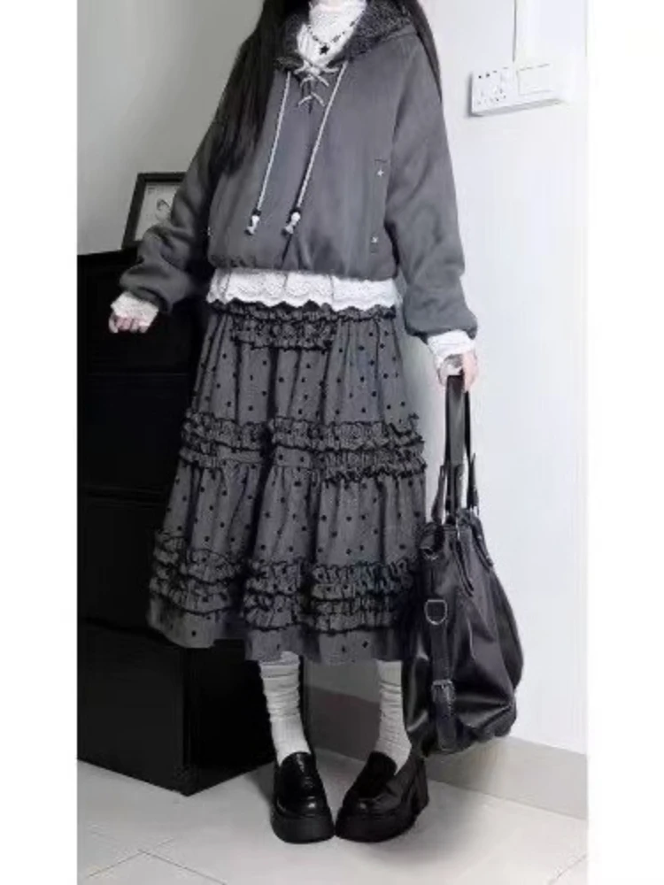 

Summer Grey Vintage Polka Dot High Waist Hepburn A-line Skirt Women Japanese Fashion Casual Patchwork Kawaii Long Cake Skirts