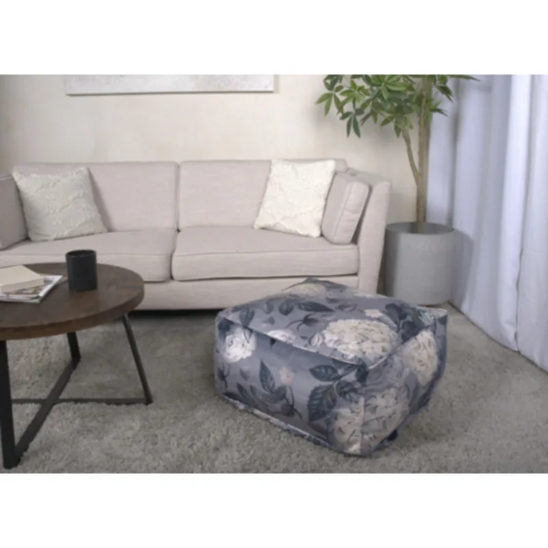 Large square foot pads with gray floral prints can be used as footstools or floor mats suitable for durable living rooms