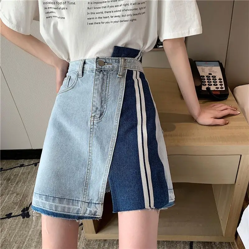 

2024 New Korean Version Contrast Color High-waisted Denim Summer A-line Skirt for Female Students To Look Slimming Ins Skirt