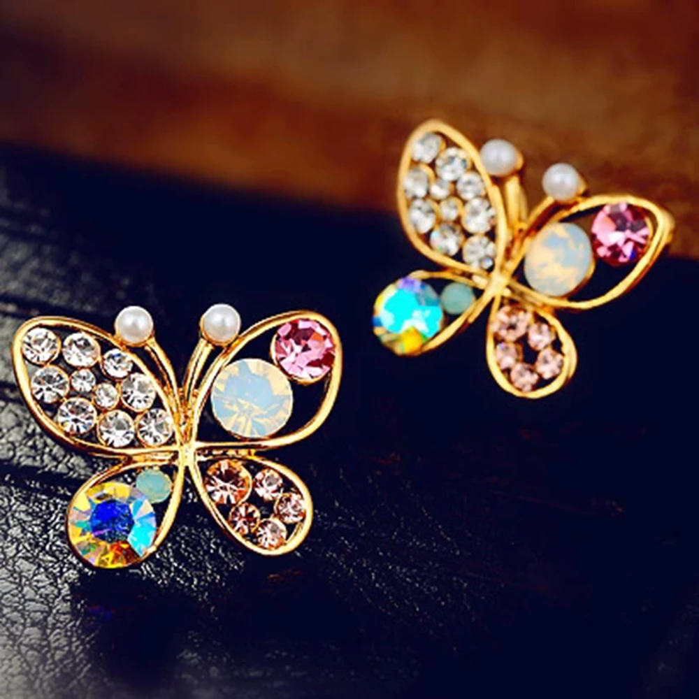 Pearl butterfly hollow colored diamond earrings