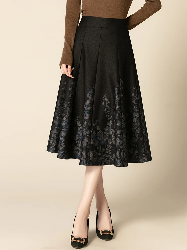

New 2024 Autumn Winter Vintage Wool A Line Skirts Womens Flower Leaf Print High Waist Tutu S-3XL Mid Long Big Swing Skirt Female