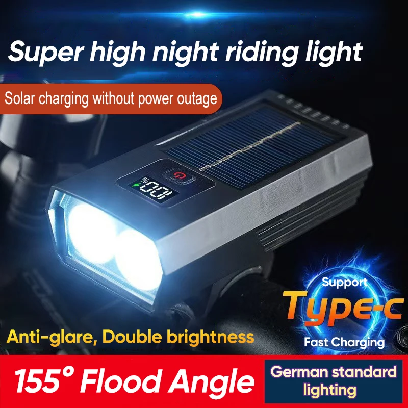 Solar Charging LED Bicycle Front Light MTB Road Bicycle Digital Display Headlight Type-C Rechargeable Lamp Cycling Accessories