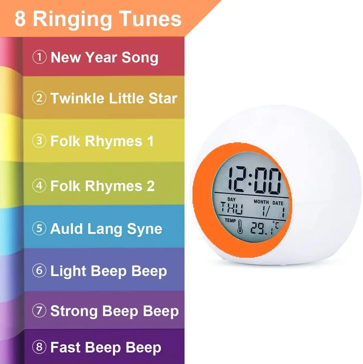 7 Colors Changing Night Backlight Alarm Digital Clock for Kids with Snooze Function LED Display Temperature Calendar to Wake Up