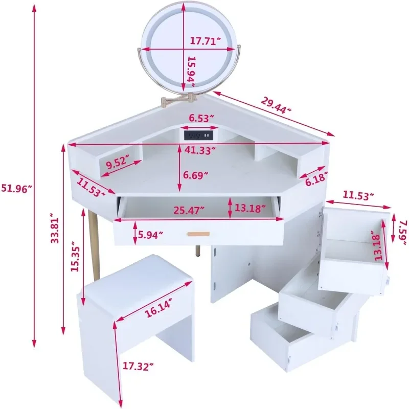 Corner Vanity Desk Makeup Vanity Table with Extendable Mirror and Lights Makeup Dressing Table with Drawers