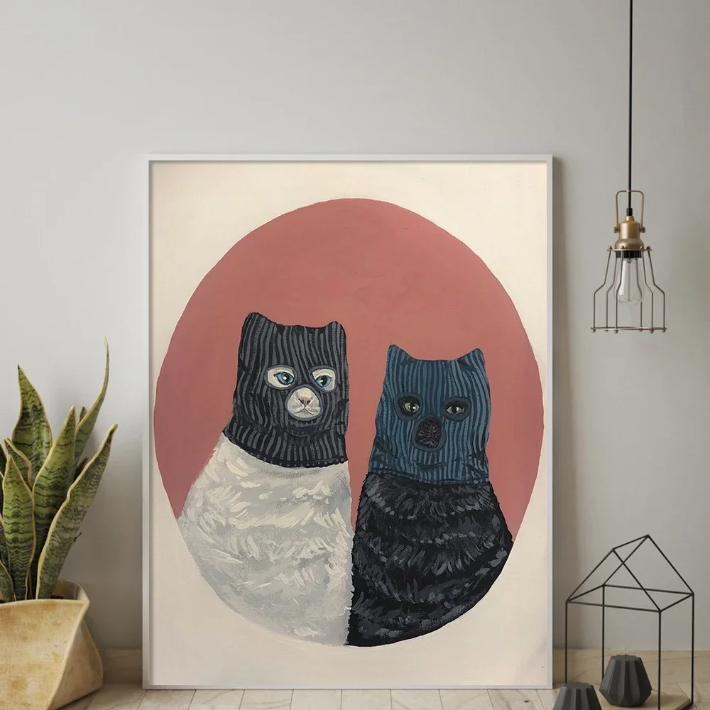 Retro Nordic Modern Animal Cat with Mask Quality Canvas Painting Posters Thief Cat Pictures Kids Room Living Art Home Wall Decor