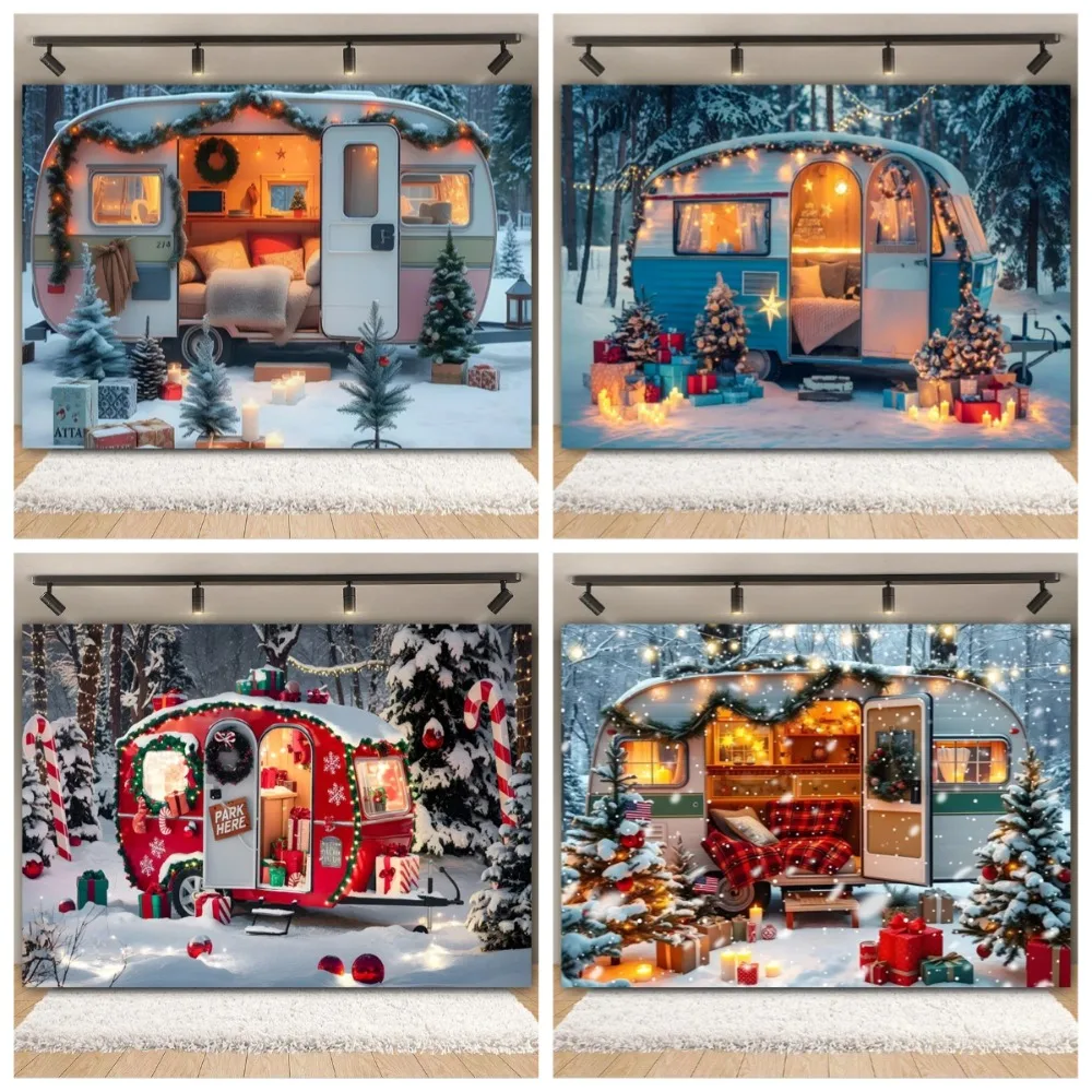 

Christmas tree gift, winter snow forest bus travel Backdrop, Christmas day family portrait, Christmas party photography Backdrop