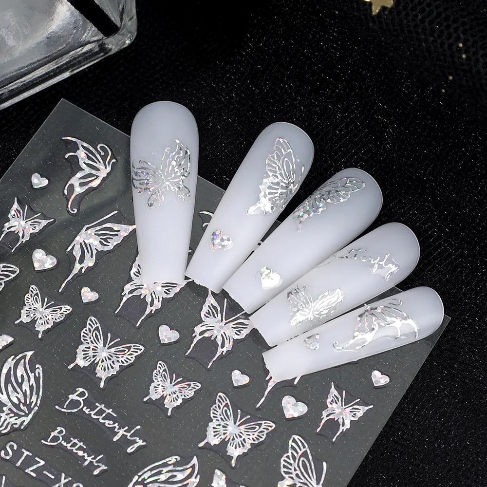 Adesivi per unghie a farfalla Laser FHolographic Snake Dragon Heart Star Moon cursori adesivi 3D Nail Art decalcomania decorazione unghie