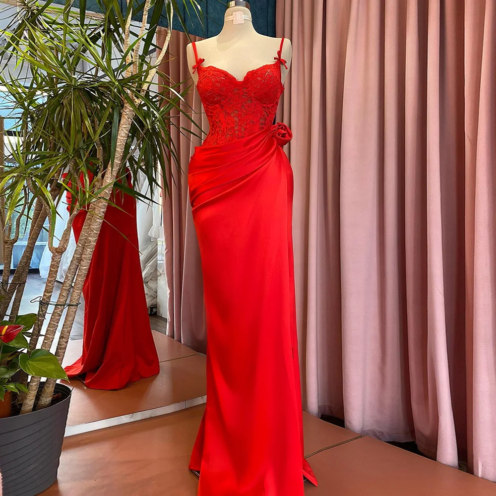 

Sexy Red Spaghetti Strap Evening Dresses 2024 Sweetheart Neck Illusion Prom Gowns Lace Pleat Floor Length Mermaid فساتين السهرة