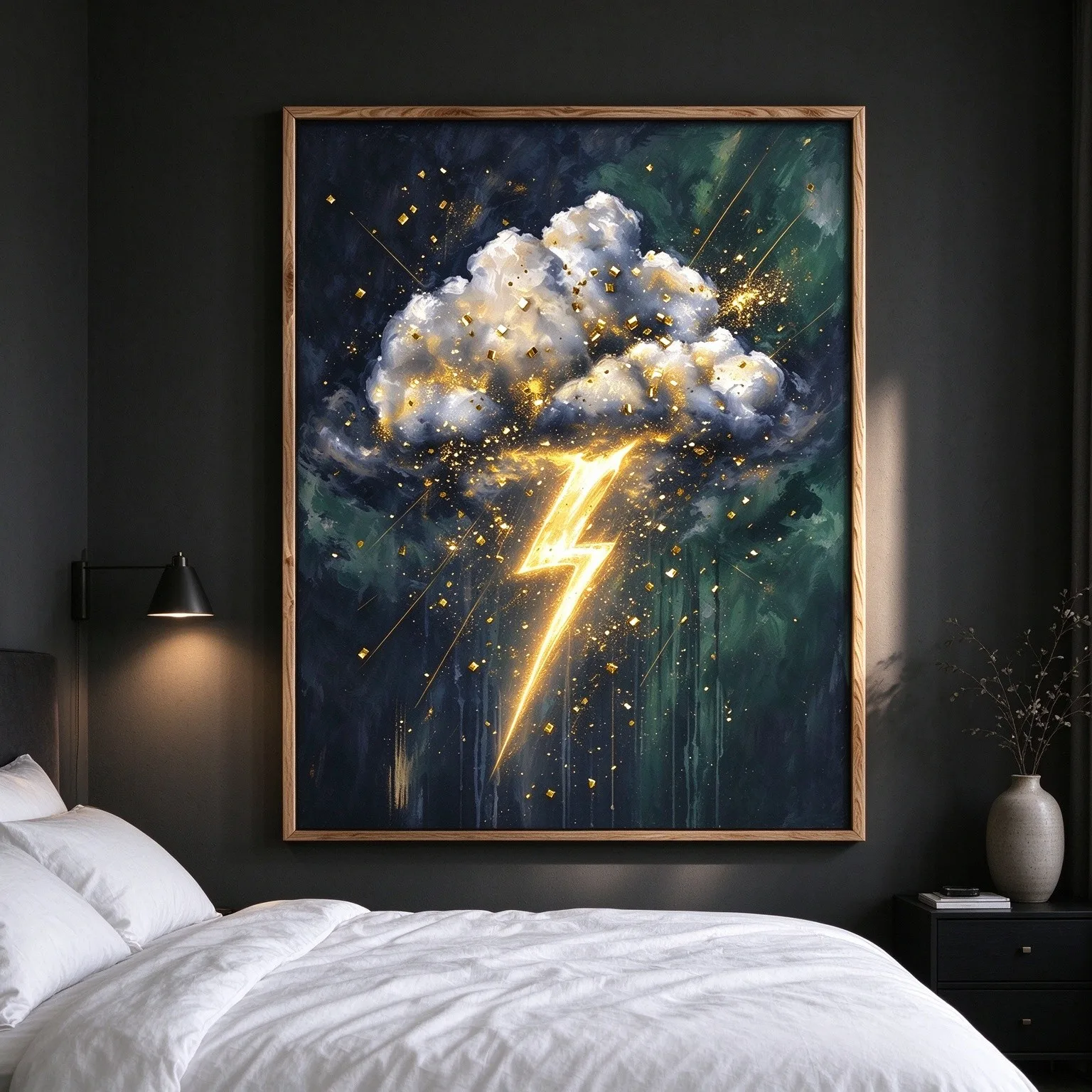 1pc Dark Luxury Canvas Painting, Golden Lightning Surreal Storm Wall Art, Dramatic Energy Decor for Black Leather Sofa Unframed