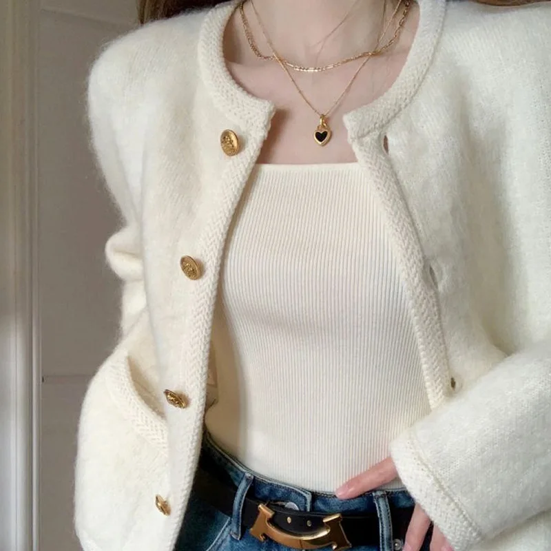 

Мягкий белый свитер, элегантное однобортное универсальное пальто с круглым вырезом, новинка 2024, женский удобный вязаный кардиган на осень/зиму