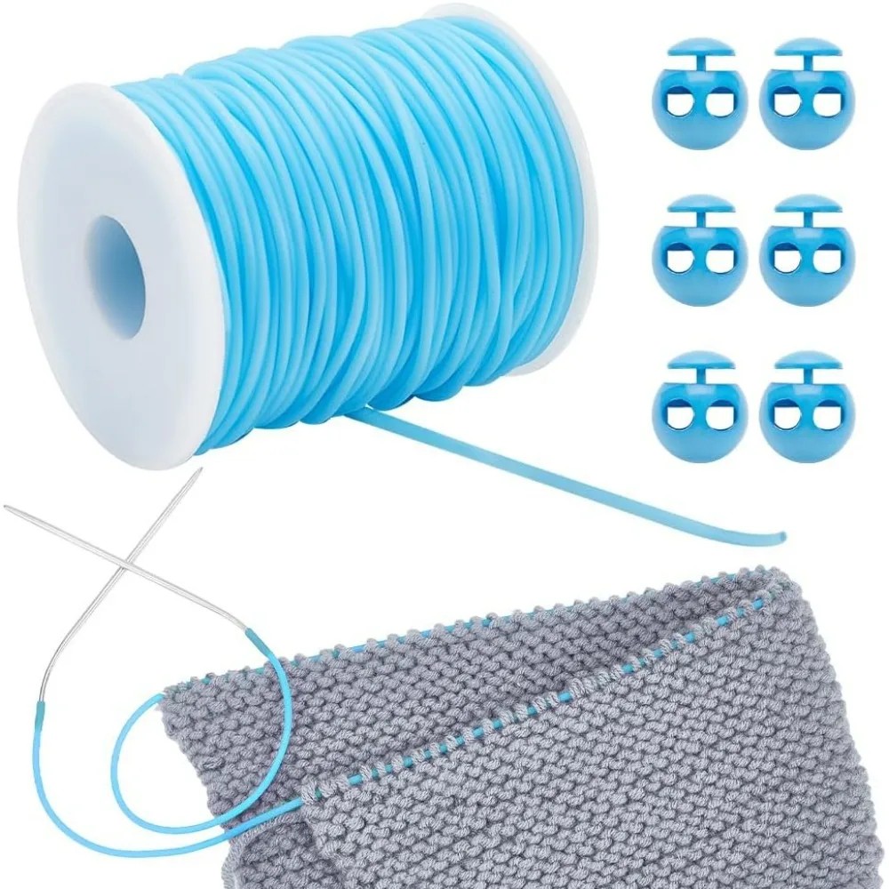 

55 Yards Stitch Keeping Cords 2mm Hollow Rubber with 6 Pcs 0.22 Inch Hole Cord Locks for Holding Beading Deep Sky Blue kit