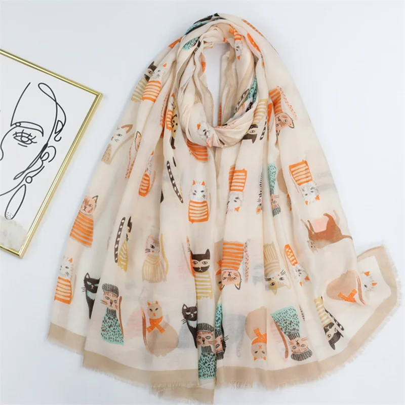 2023 Spain Lovely Cartoon Cat Pattern Fringe Viscose Scarf Lady Print Soft Shawls and Wraps Pashmina Muslim Hijab Sjaal 180*90Cm