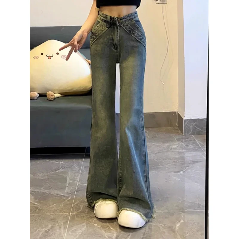 2024 New Style American Jeans Petite Micro Flare Pocket Alien Fashion Slim Fit High Waist Ring Trousers For Women