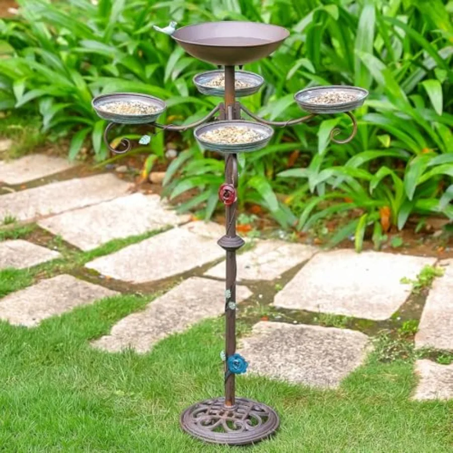 

46"H Bird Bath and Feeder for Outdoors - Metal 5-in-1 Freestanding Bird Feeder for Outside Cast Iron Pedestal 3 Prong Stake for
