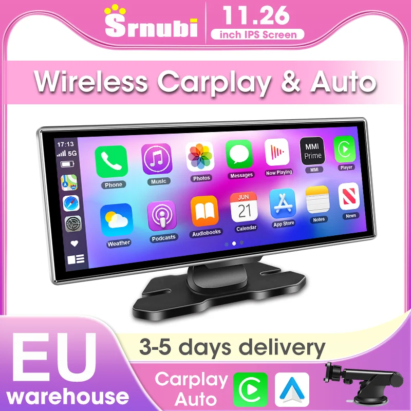 Schermo Carplay da 11,26 Pollici per Auto, Android Auto Wireless, Radio Stereo Universale Multimediale, Supporto Scheda SD, Lettore Musicale, Uscita FM AM AUX