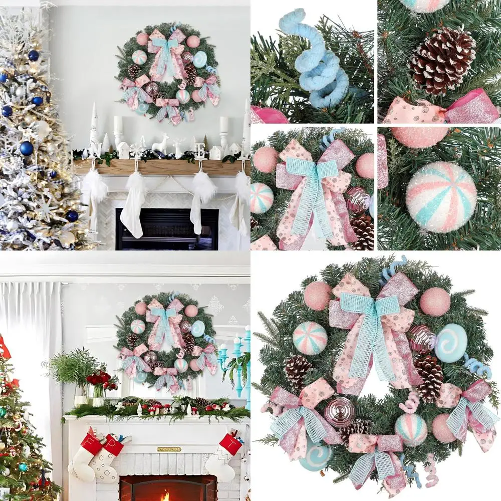 

24-дюймовый пастельный рождественский венок с конфетной тростью и розовыми синими шариками для декора дверей и камина