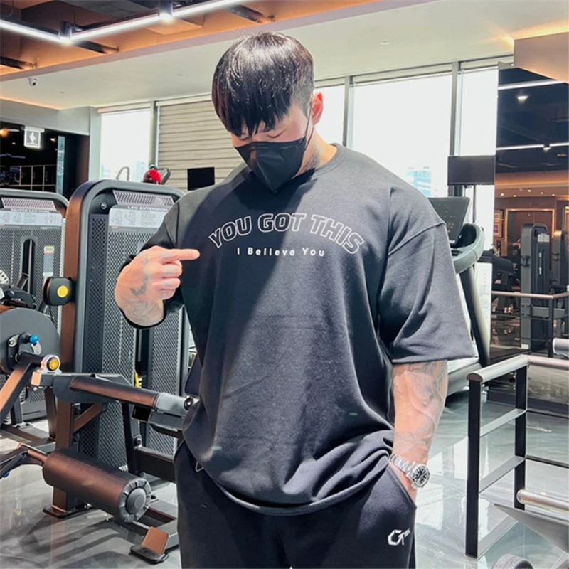 Korea Oversized T shirt Summer Mens Gym Bodybuilding Fitness Loose Casual Lifestyle Wear T-shirt Male Streetwear Hip-Hop Tshirt