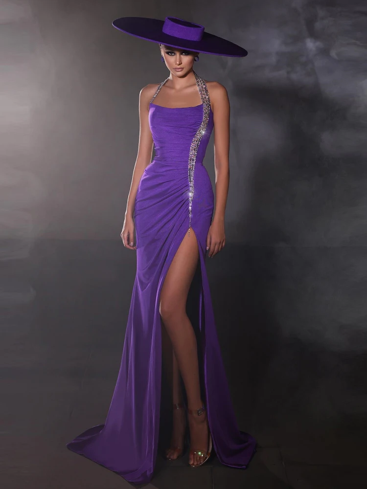 

Sexy Halter Neck Diamonds High Slit Maxi Dress Women Purple Sleeveless Backless Rhinestone Pleated Slim Long Evening Party Gowns