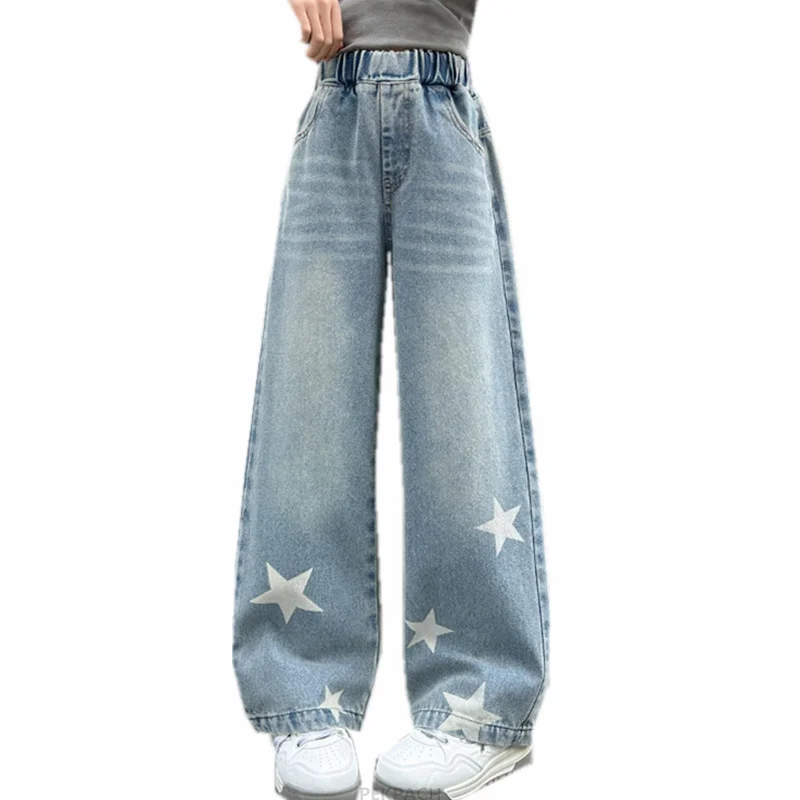 

School Children Jeans Trousers For Girls Spring Star Design Casual Loose Jeans Teenager Elastic Waist Kids Straight Denim Pants