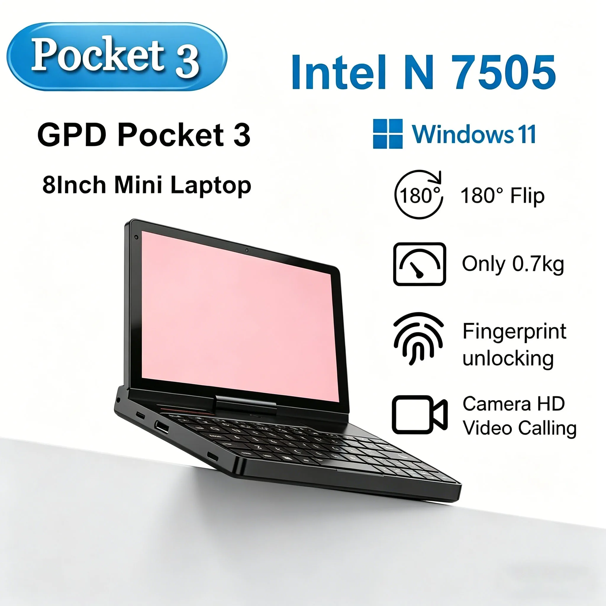 

Blaze Dynamic GPD Pocket 3 Mini Laptop 8Inch Intel Gold 7505 Notebook 16GB 512GB SSD Modular Full-featured Handheld Windows11