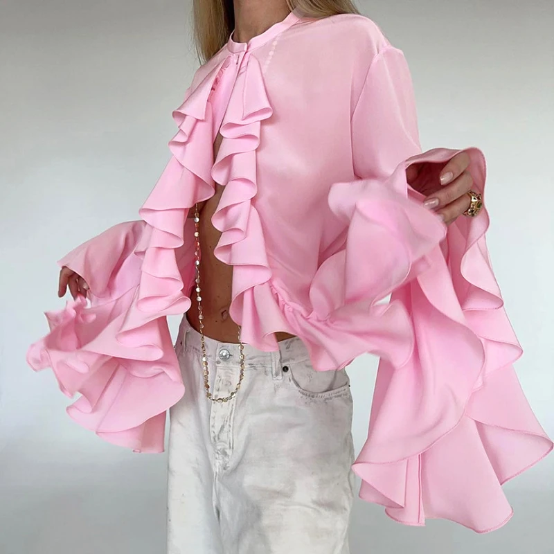 

Women Blouses Elegant 2025 Summer Fashion Sexy Hot Girl Ruffle Long Sleeve Shirt New Style Temperament Cardigan Top Y2k