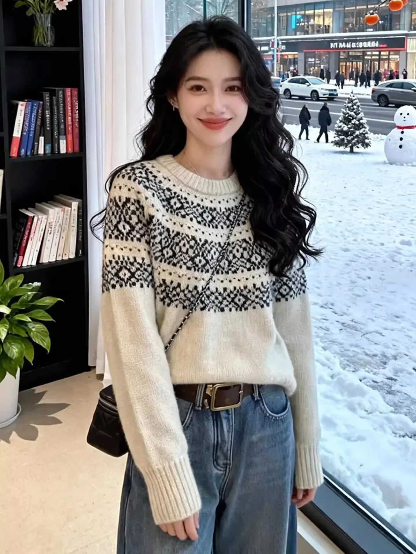 Sweter damski w stylu retro Fair Isle, luźny krój, nowy model zimowy, swobodny styl, wyszczuplający, dzianinowy top bazowy.