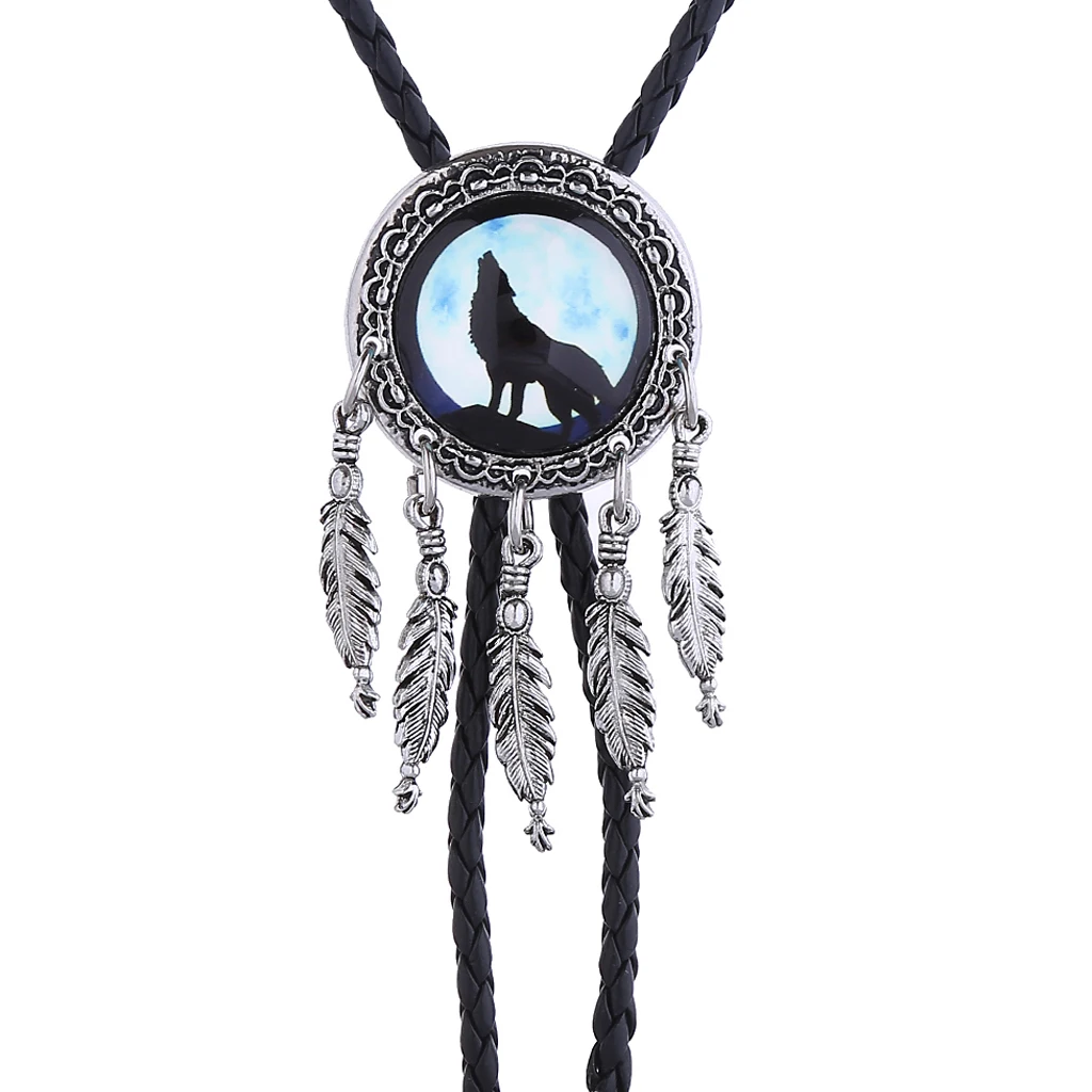 Western Wolf Head Feather Bolo Tie - Handcrafted Men's Fashion Accessory with Turquoise Stone