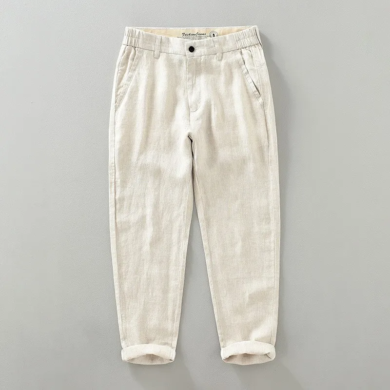 

Men's Pure Linen Casual Pants Summer Loose Straight Leg Beachwear Breathable Youthful Lightweight Straight Fit Trousers