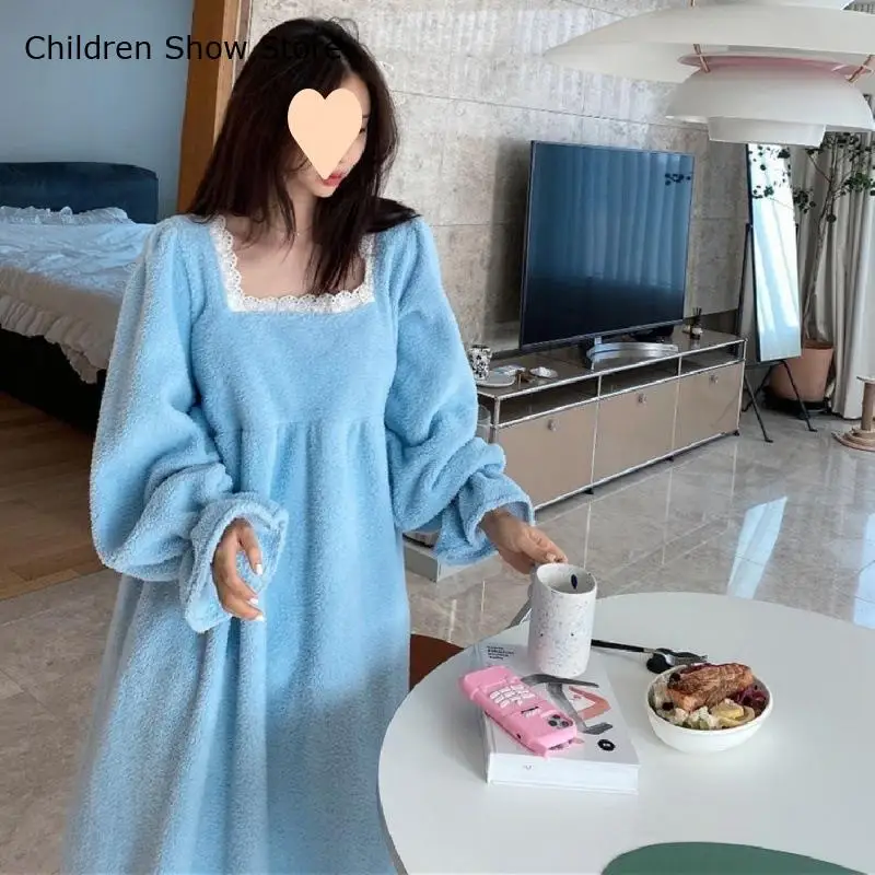 Winter Nightdress Big Size 3Xl 4Xl Home Dressing Gown Women Warm Fleece Sleepwear Loose Long Sleeve Flannel Nightgown Loungewear