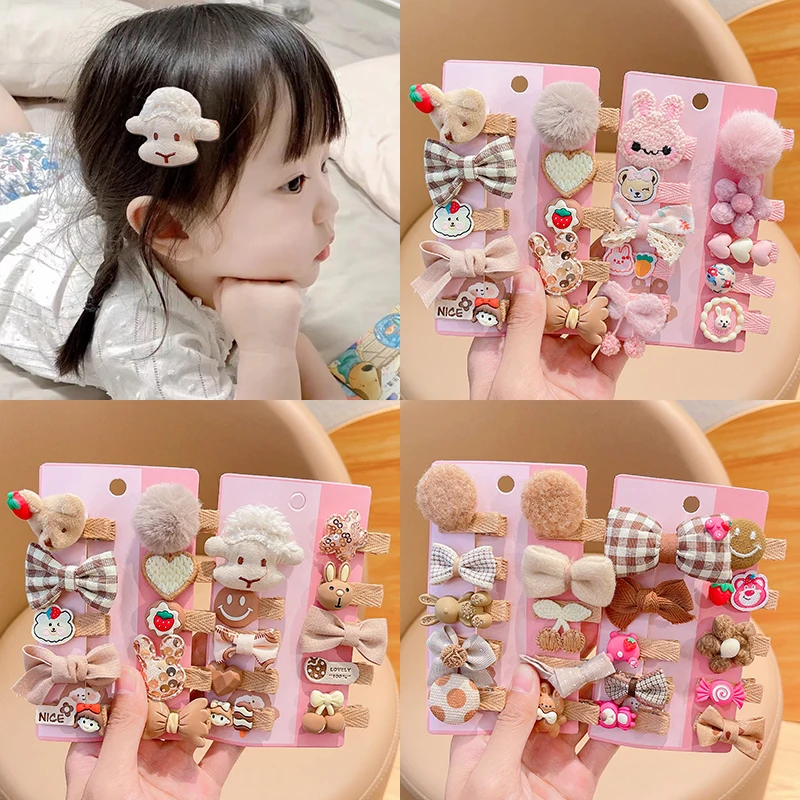 5/10/16 Pcs/Set Baby Girl Cute Plush Cartoon Flower Bow Hair Clips Children Coffee Color Lambswool Hairpins Kid Hair Accessories