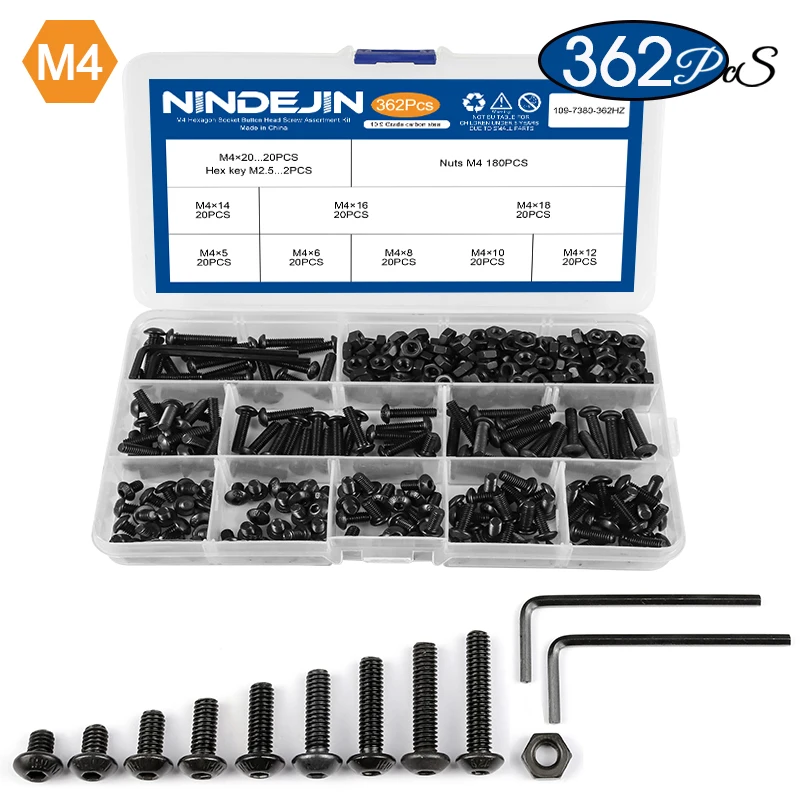 NINDEJIN Sechskant-Innensechskant-Halbrundkopfschraube, Mutter aus Kohlenstoffstahl, M2, M2,5, M3, M4, M5, M6, Inbus-Rundkopfschrauben-Set, Bolzen und Muttern-Set