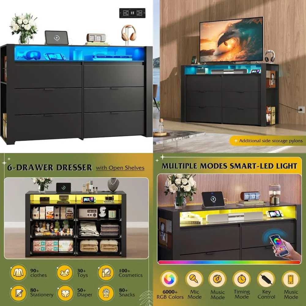 6 drawer led dresser for bedroom, 50.79'' black wood dresser storage organizer with power outlets for 55'' tv, dressers with op