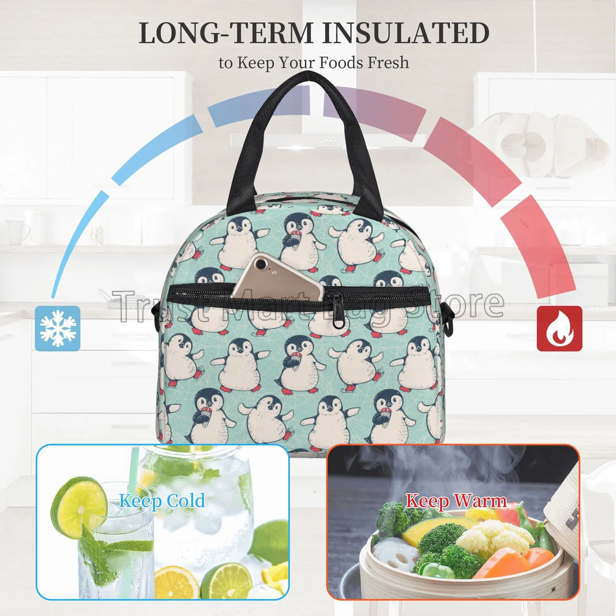 Cute Penguins Reusable Insulated Lunch Bag Cooler Bag Lunch Box Container with Adjustable Shoulder Strap for Picnic School Work