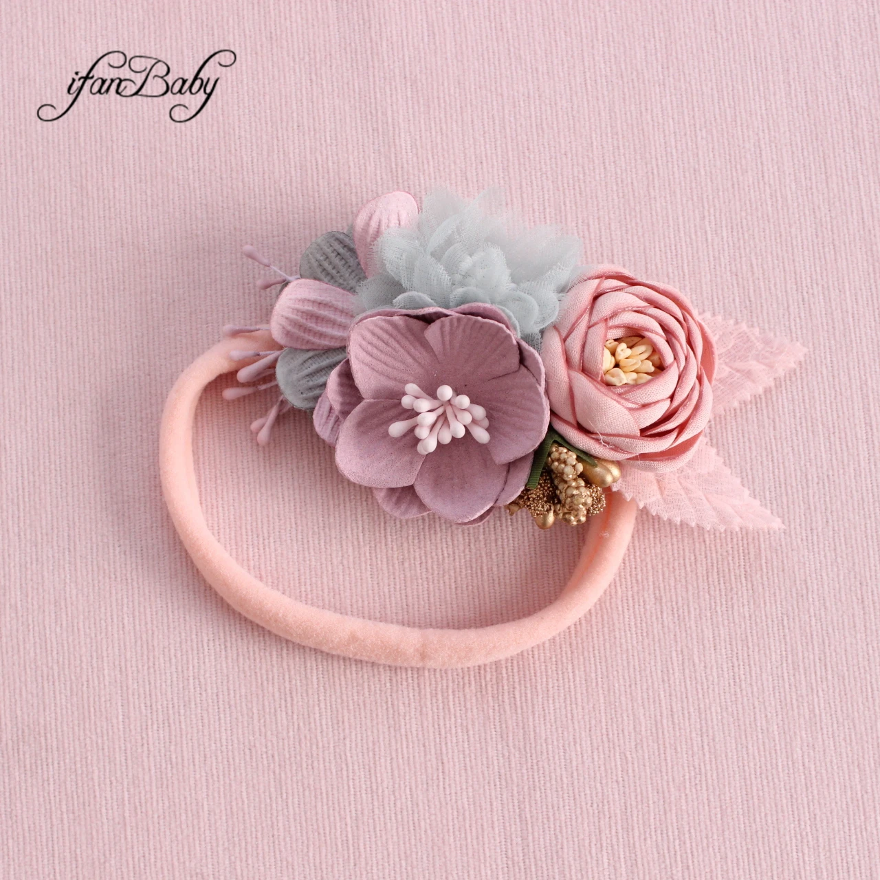 Stretch Kids Girl Burned Vintage Rose Flower Headband With Pearl Nylon Headband