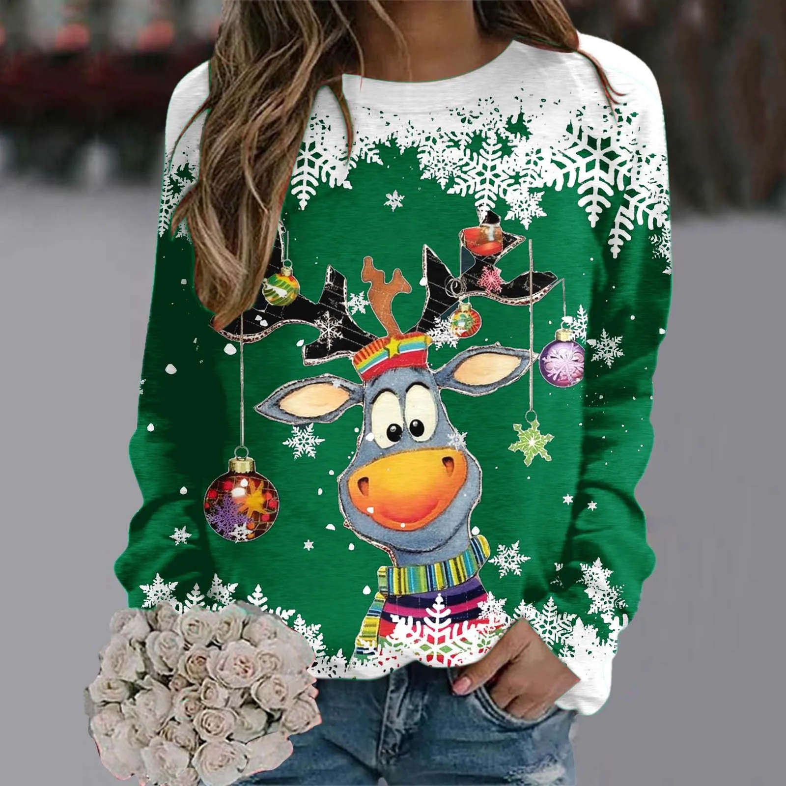 Women's Sweatshirt Designer Round Neck Long Sleeve Loose Fashion Casual Christmas Reindeer Snowflake Pattern Printed Top 2024